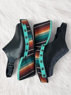 Crazy Train Black Serape Peeptoe Slingback Wedge Sandals US 7 8